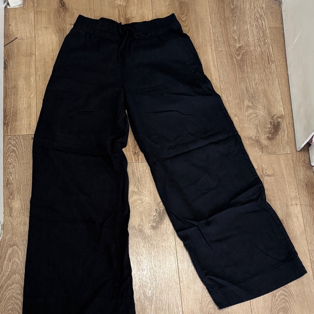 Black Wide Leg linen Drawstring Pants